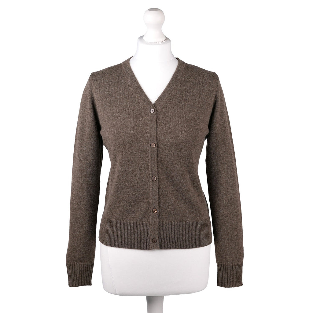 100% Cashmere Ladies V Neck Cardigan Olive — Heritage Of Scotland