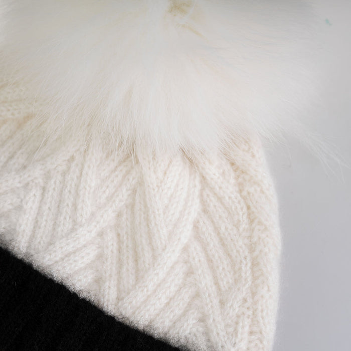 100% Cashmere Stripe Ladies Beanie Rf Cream Mix/White Pom - Heritage Of Scotland - CREAM MIX/WHITE POM