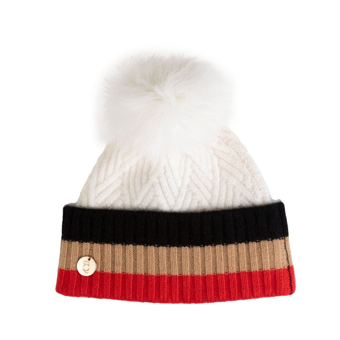 100% Cashmere Stripe Ladies Beanie Rf Cream Mix/White Pom - Heritage Of Scotland - CREAM MIX/WHITE POM