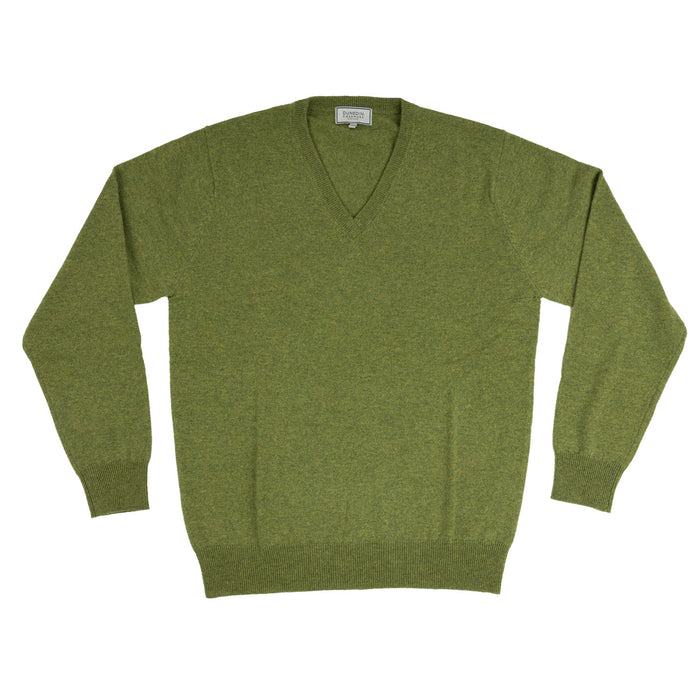 100% Cashmere V Neck Plain Men's Jumper Green Jeans - Heritage Of Scotland - GREEN JEANS