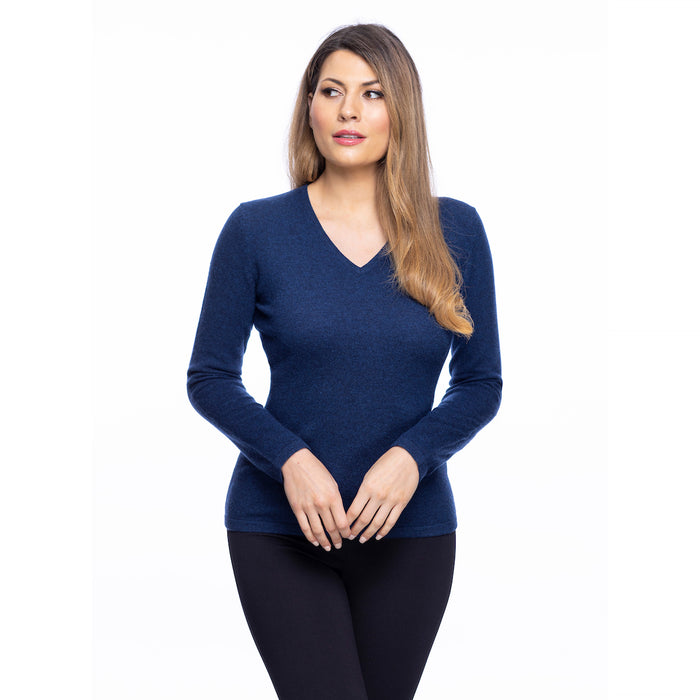 100% Cashmere Women's Fashion V Neck Rivera Blue - Heritage Of Scotland - RIVERA BLUE