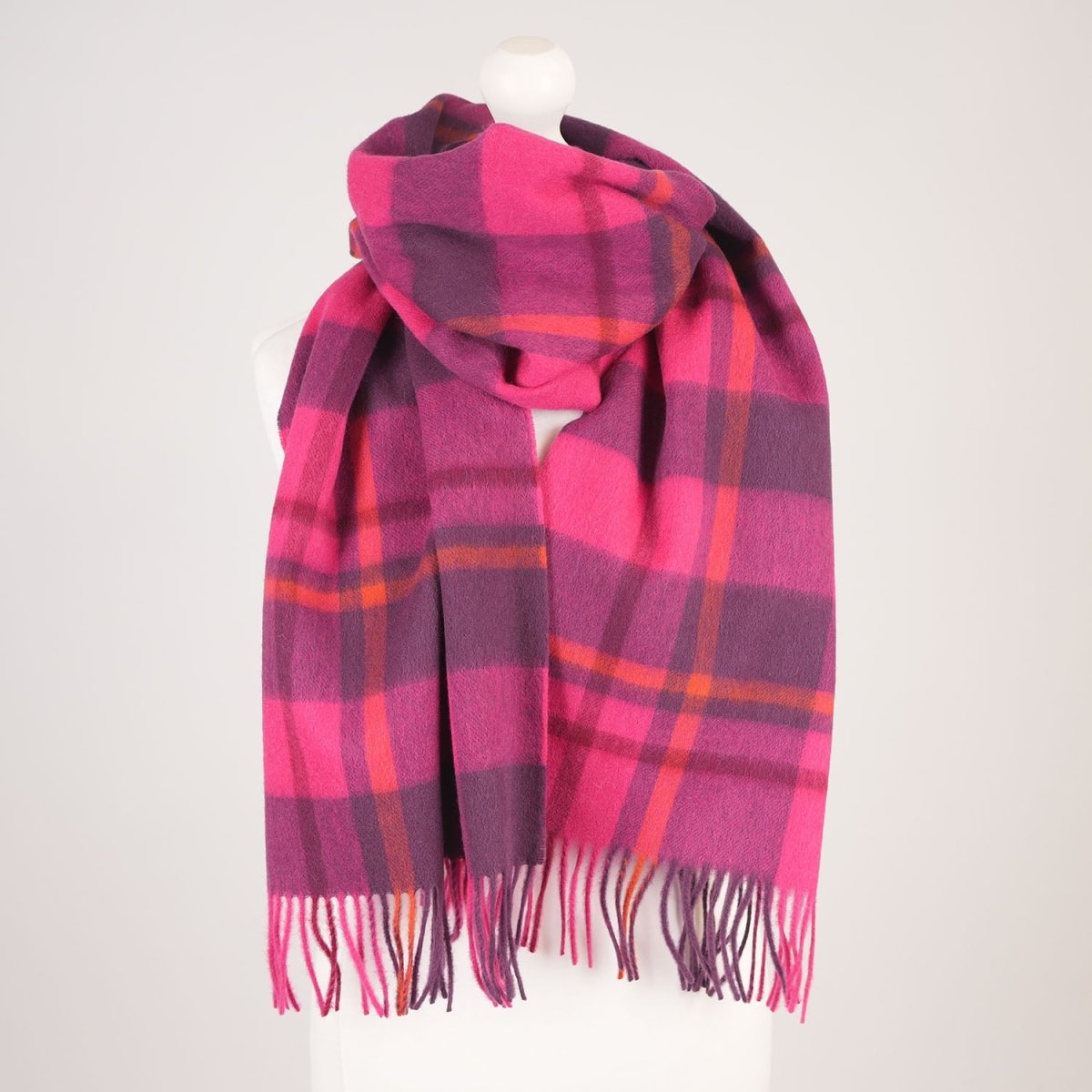100% Lambswool Wide Scarf - Medieval Check - Cyclamen Pink and Eminence - Heritage Of Scotland -