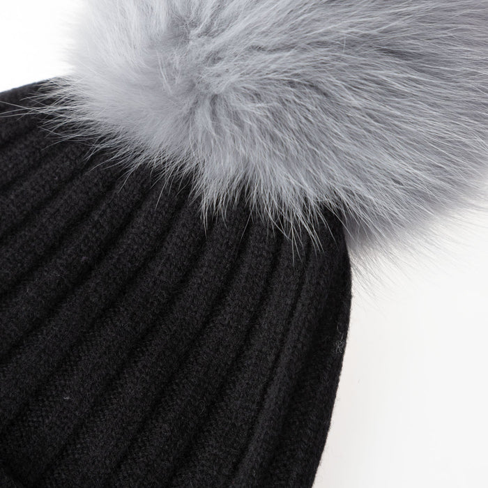 30% Cashmere Ladies Ava Rib Pom Pom Hat Black/Grey Mix Pom - Heritage Of Scotland - BLACK/GREY MIX POM