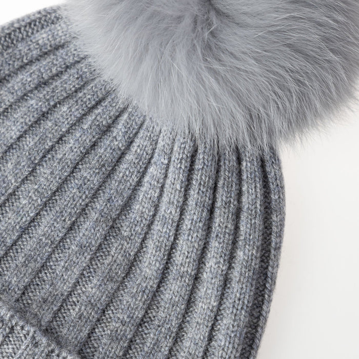 30% Cashmere Ladies Ava Rib Pom Pom Hat Cloudy/Grey Mix Pom - Heritage Of Scotland - CLOUDY/GREY MIX POM