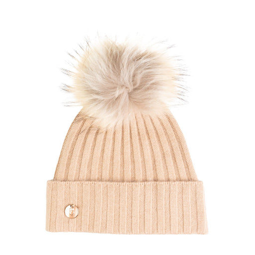 30% Cashmere Ladies Ava Rib Pom Pom Hat Hazelnut/Natural Pom - Heritage Of Scotland - HAZELNUT/NATURAL POM