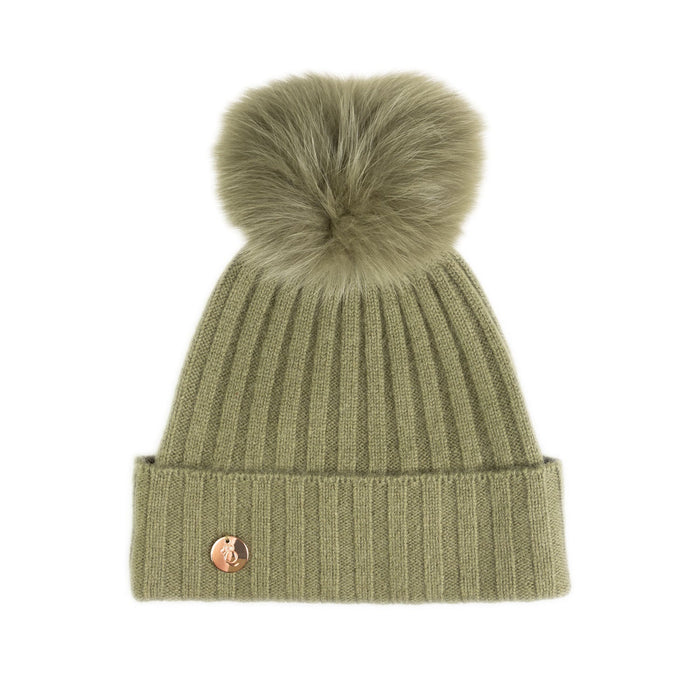 30% Cashmere Ladies Ava Rib Pom Pom Hat Olive/Olive Pom - Heritage Of Scotland - OLIVE/OLIVE POM