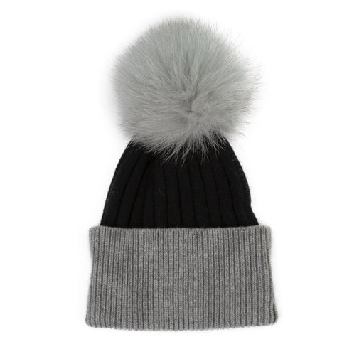 30% Cashmere Ladies Olivia Pom Pom Hat Black/River Grey Pom - Heritage Of Scotland - BLACK/RIVER GREY POM