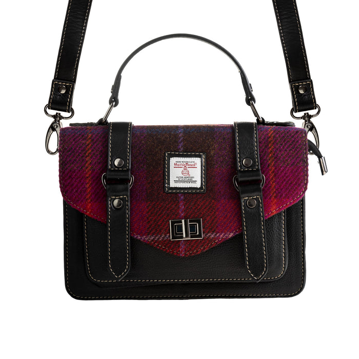 Harris Tweed Leather Satchel Bag Cerise Check / Black