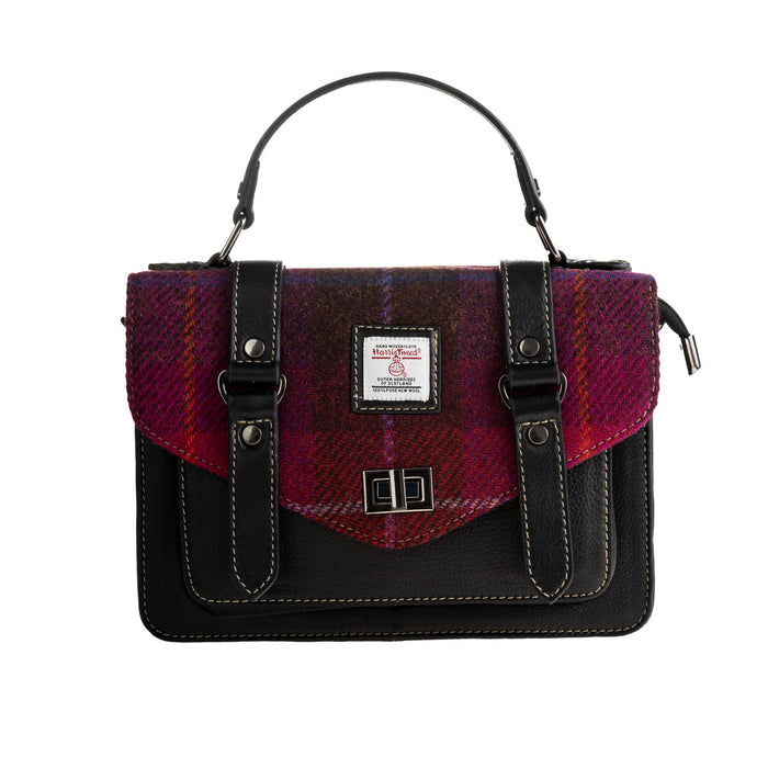 Harris Tweed Leather Satchel Bag Cerise Check / Black