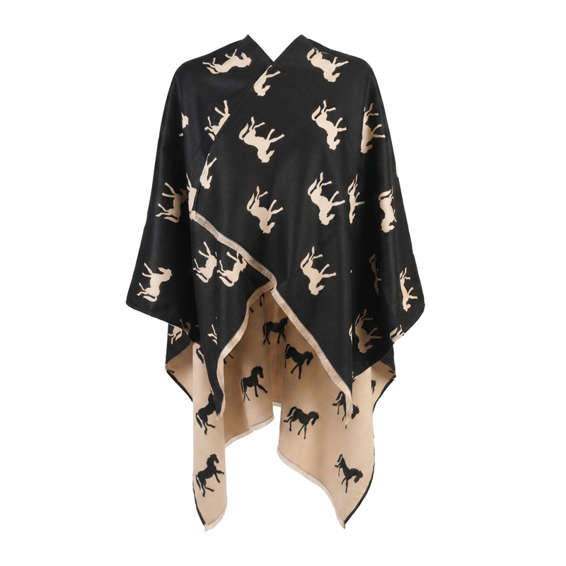 Ladies Black Horse Print Reversible Wrap Cape - BLACK AND WHITE