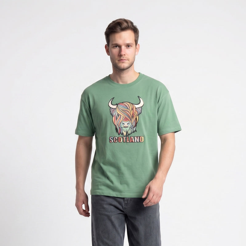 Scotland Unisex Rainbow Highland Cow Graphic T-Shirt – Green