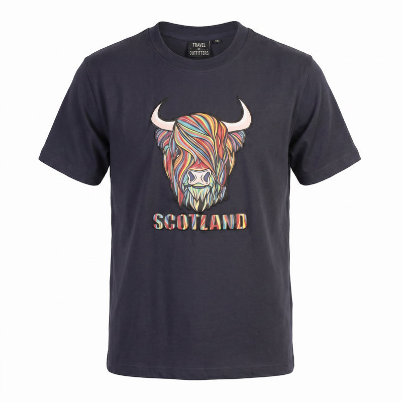 Scotland Unisex Rainbow Highland Cow Graphic T-Shirt – Navy