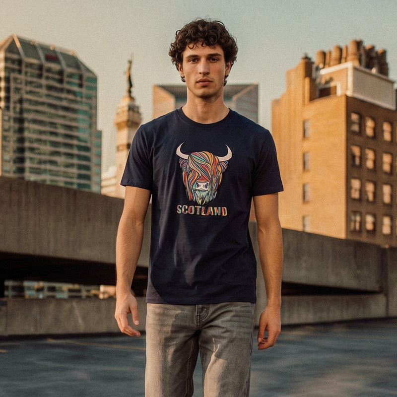 Scotland Unisex Rainbow Highland Cow Graphic T-Shirt – Navy