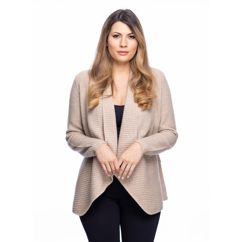 Ladies 100% Cashmere Ribbed Open Front Cardigan - Sand Beige