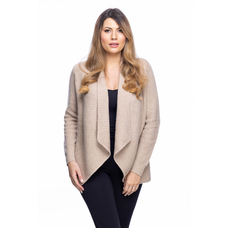 Ladies 100% Cashmere Ribbed Open Front Cardigan - Sand Beige