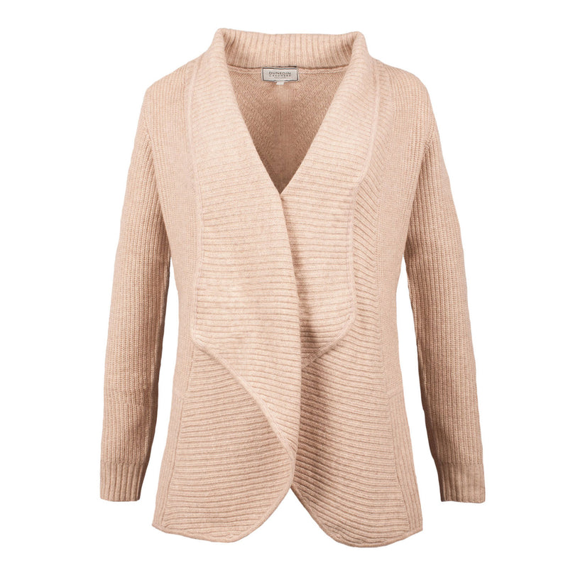 Ladies 100% Cashmere Ribbed Open Front Cardigan - Sand Beige