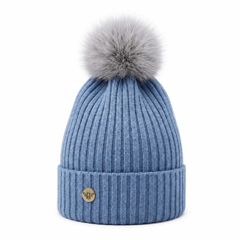 Woman's Knit Hat with Pom Pom and Fleece Lining - Denim Blue and Grey