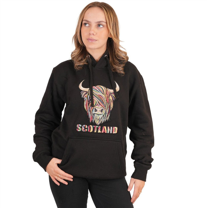 Adults Pastel Highland Cow Hooded Top Black - Heritage Of Scotland - BLACK