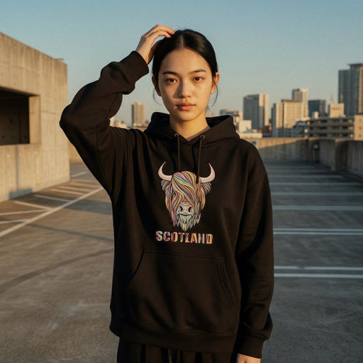 Adults Pastel Highland Cow Hooded Top Charcoal - Heritage Of Scotland - CHARCOAL