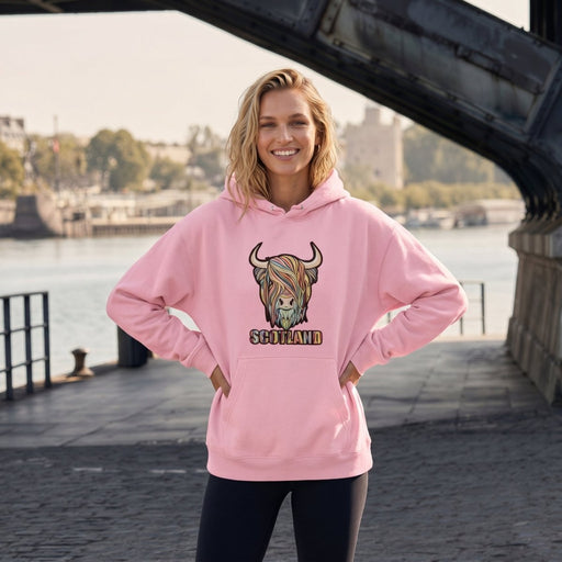 Adults Pastel Highland Cow Hooded Top - Cherry Blossom - Heritage Of Scotland - CHERRY BLOSSOM