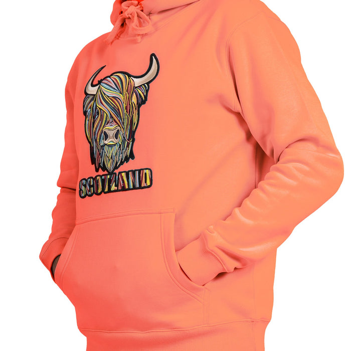 Adults Pastel Highland Cow Hooded Top Coral - Heritage Of Scotland - CORAL