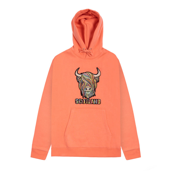 Adults Pastel Highland Cow Hooded Top Coral - Heritage Of Scotland - CORAL