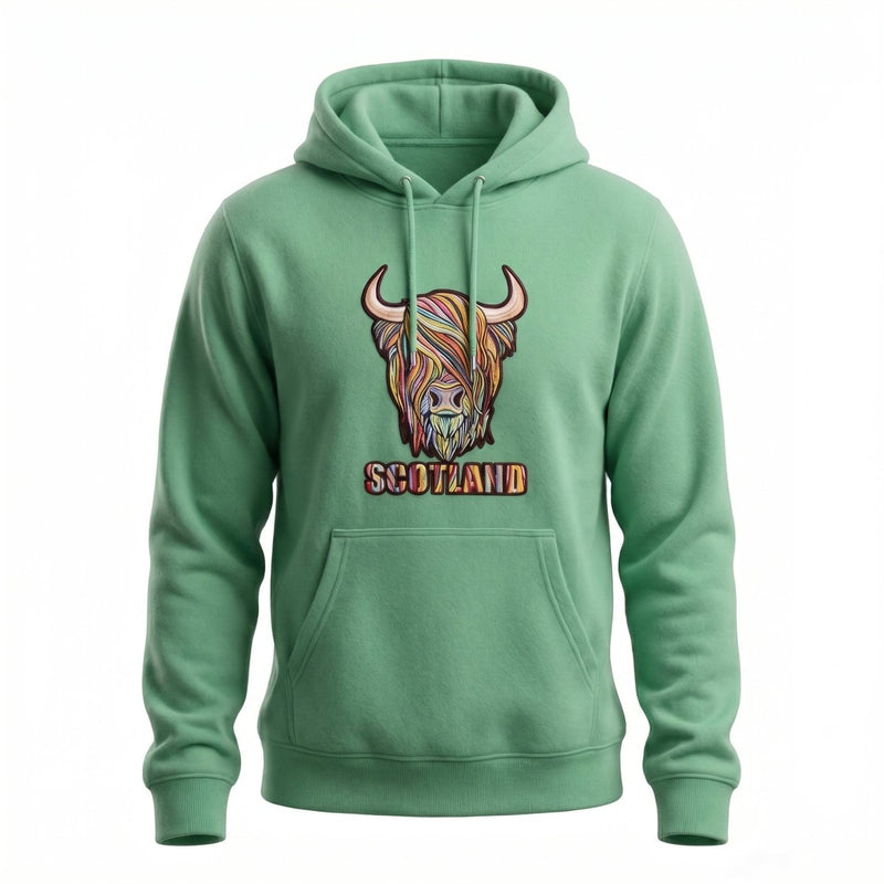 Adults Pastel Highland Cow Hooded Top Green - Heritage Of Scotland - GREEN