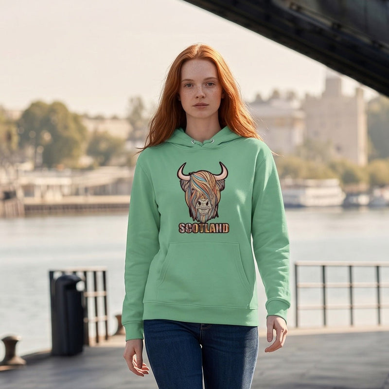Adults Pastel Highland Cow Hooded Top Green - Heritage Of Scotland - GREEN