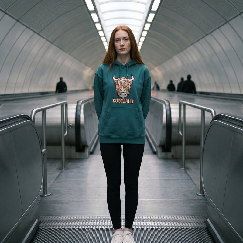 Adults Pastel Highland Cow Hooded Top Teal - Heritage Of Scotland - TEAL