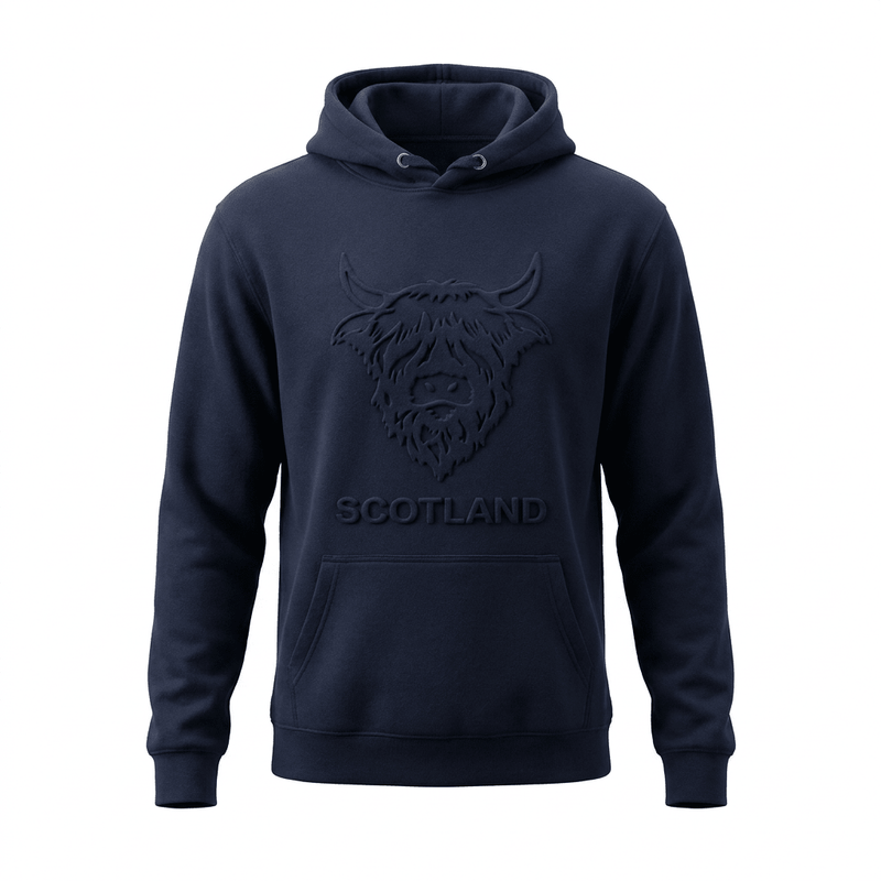 Adults Scotland Highland Cow Embossed Hoodie - Heritage Of Scotland - NAVY / S