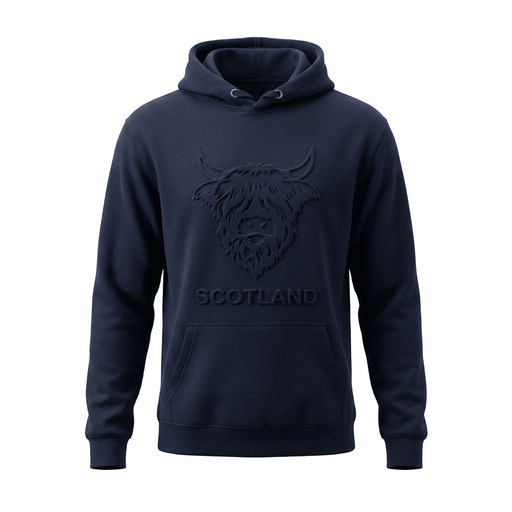 Adults Scotland Highland Cow Embossed Hoodie - Heritage Of Scotland - NAVY / S