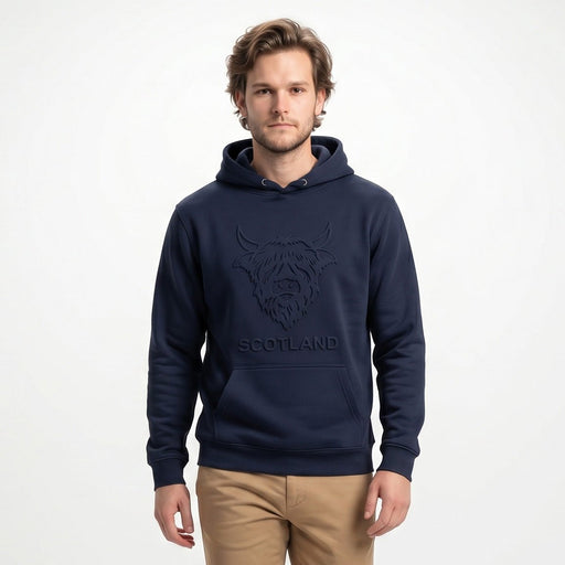 Adults Scotland Highland Cow Embossed Hoodie - Heritage Of Scotland - NAVY / S
