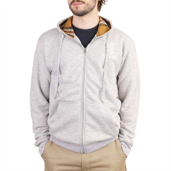 Adults Scotland Lion Zip Top With Tartan Hood Heather Grey/Thomson Camel Tartan - Heritage Of Scotland - HEATHER GREY/THOMSON CAMEL