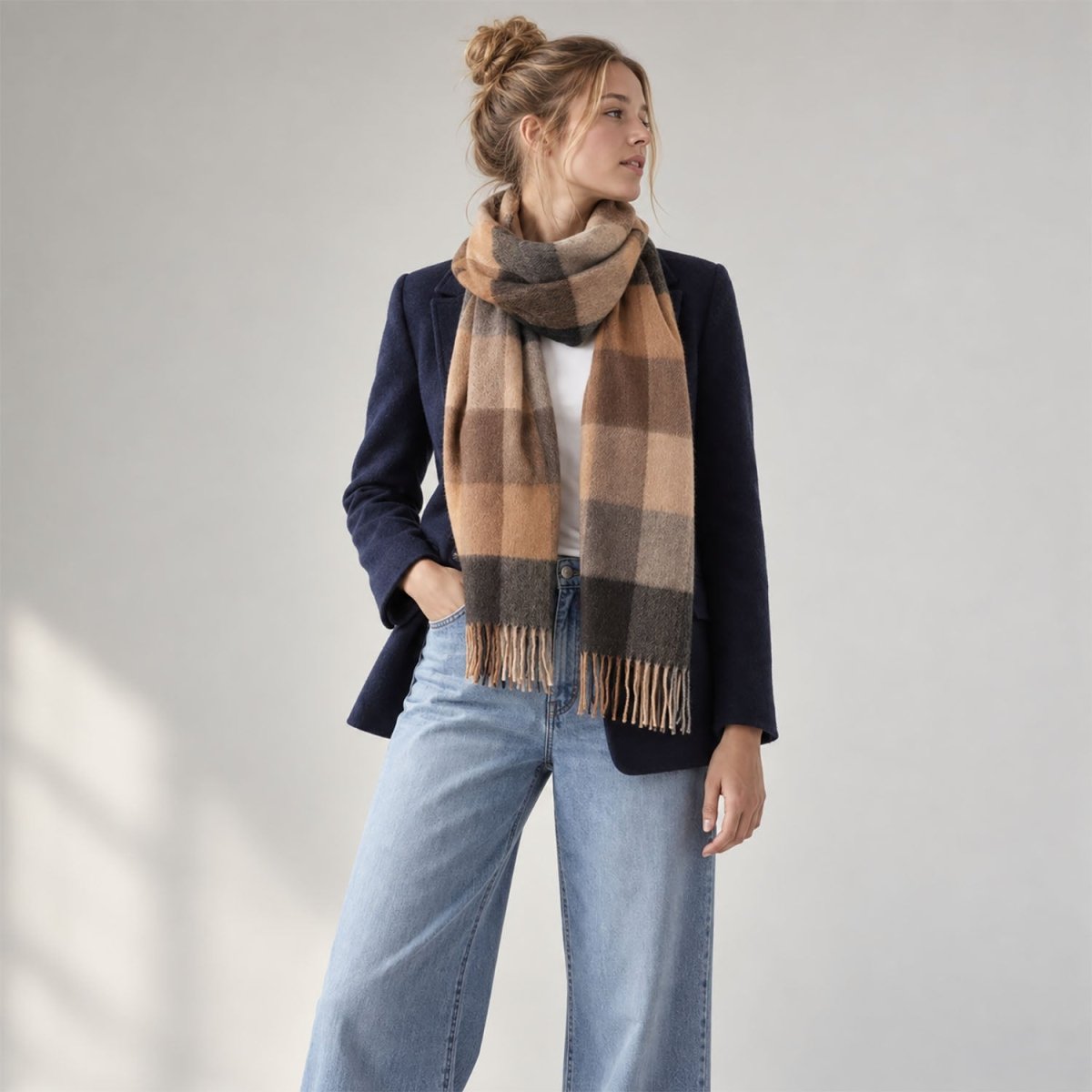 Alex Begg 100% Cashmere Woven Scarf Tartan and Checks - Made in Scotland - BLOCK CHECK NATURAL - Heritage Of Scotland -