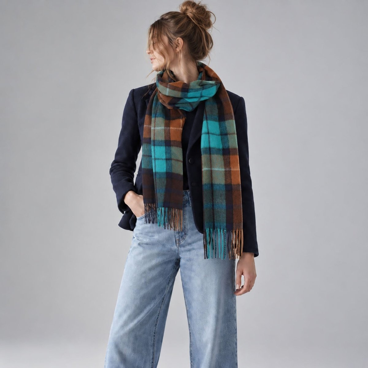Alex Begg 100% Cashmere Woven Scarf Tartan and Checks - Made in Scotland - BUCHANAN TEAL - Heritage Of Scotland -