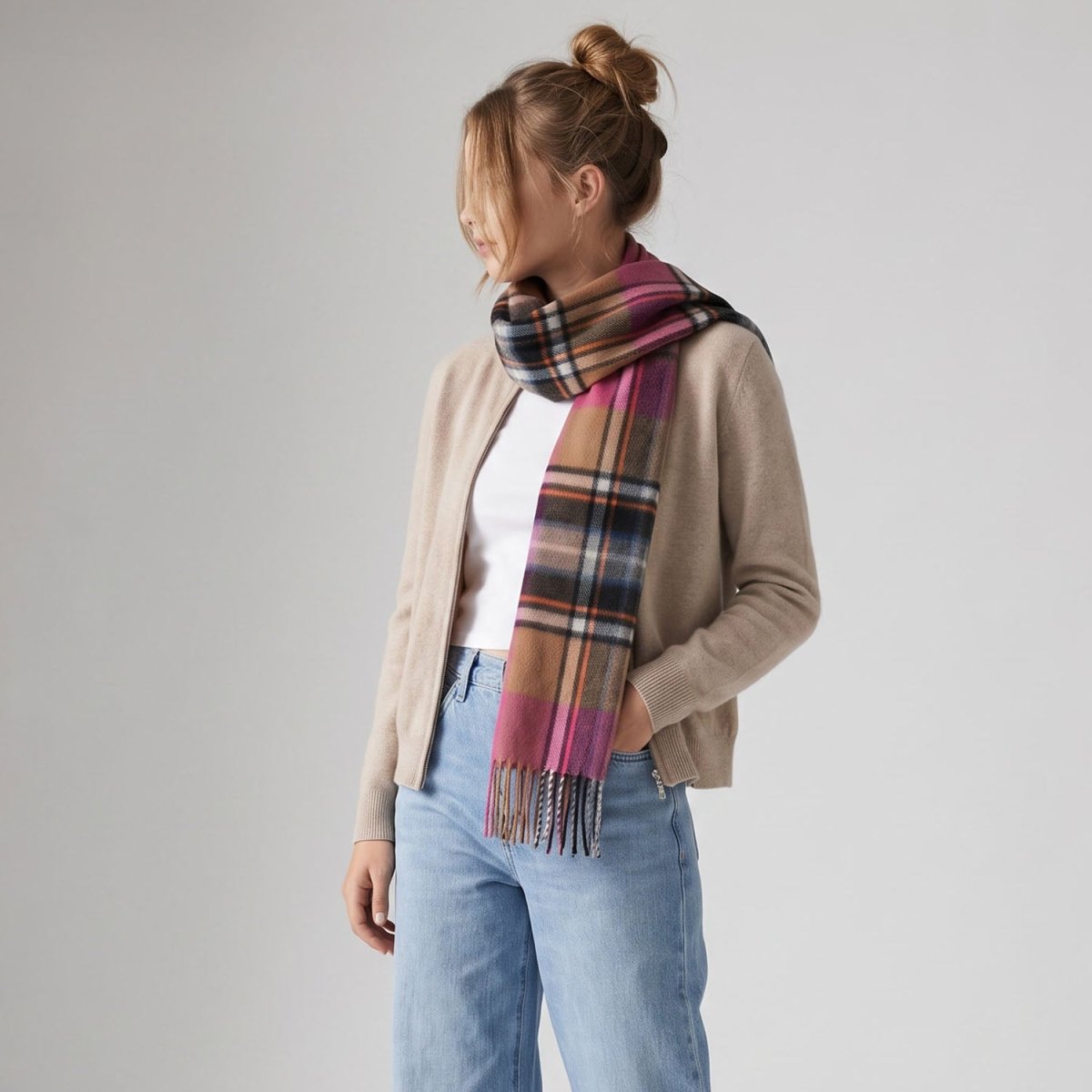 Alex Begg 100% Cashmere Woven Scarf Tartan and Checks - Made in Scotland - EXPLODED BRUCE CAMEL - Heritage Of Scotland -