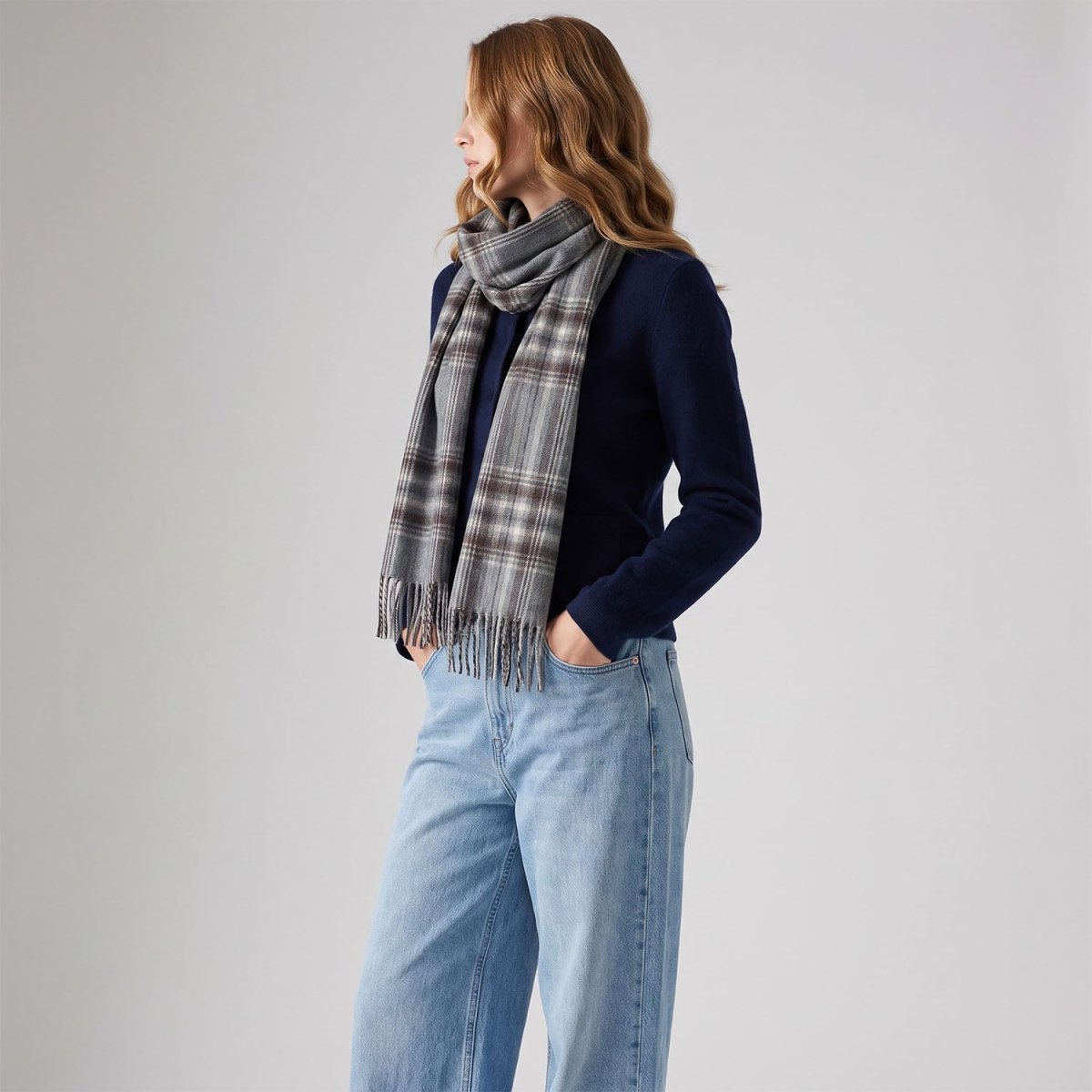 Alex Begg 100% Cashmere Woven Scarf Tartan and Checks - Made in Scotland - GREY LILAC - Heritage Of Scotland -