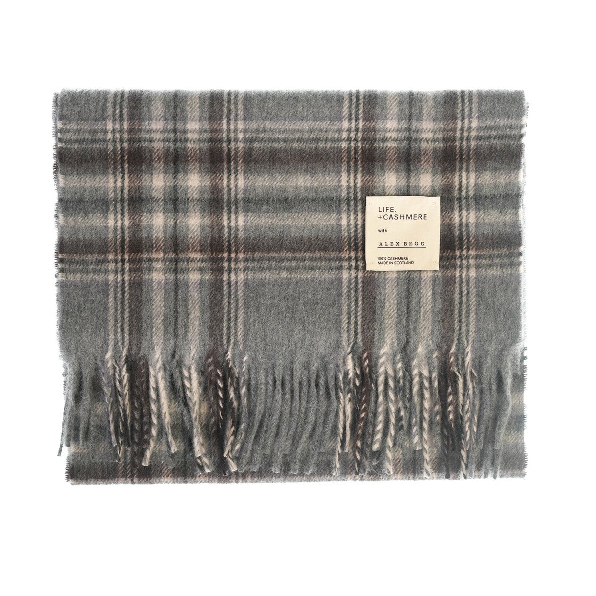 Alex Begg 100% Cashmere Woven Scarf Tartan and Checks - Made in Scotland - GREY LILAC - Heritage Of Scotland -