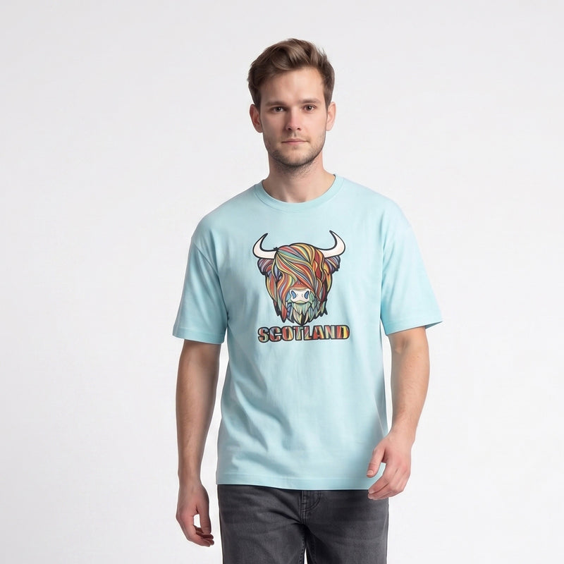 Scotland Unisex Rainbow Highland Cow Graphic T-Shirt – Aqua