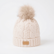 Aran Ladies Cable Knit Faux Fur Pom Pom Winter Hat - Cream - Heritage Of Scotland -