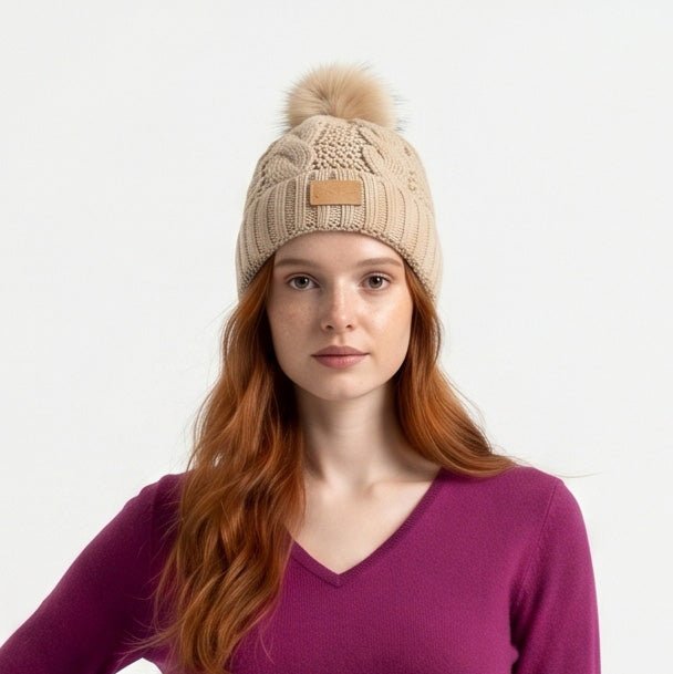 Aran Ladies Cable Knit Faux Fur Pom Pom Winter Hat - Khaki - Heritage Of Scotland -