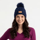Aran Ladies Cable Knit Faux Fur Pom Pom Winter Hat - Navy - Heritage Of Scotland -