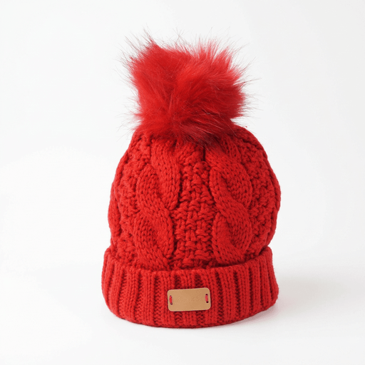 Aran Ladies Cable Knit Faux Fur Pom Pom Winter Hat - Red - Heritage Of Scotland -