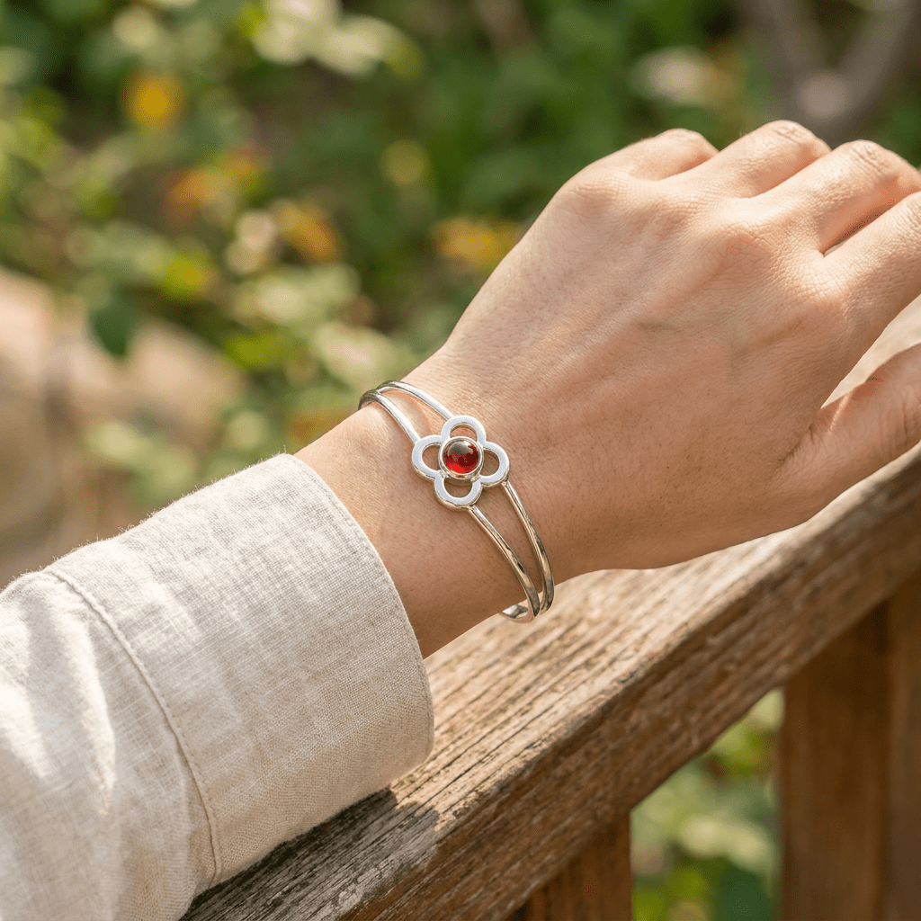 Art Pewter Birthstone Bangle - Silver Plated Pewter - Made in Scotland - July (Ruby) - Heritage Of Scotland -