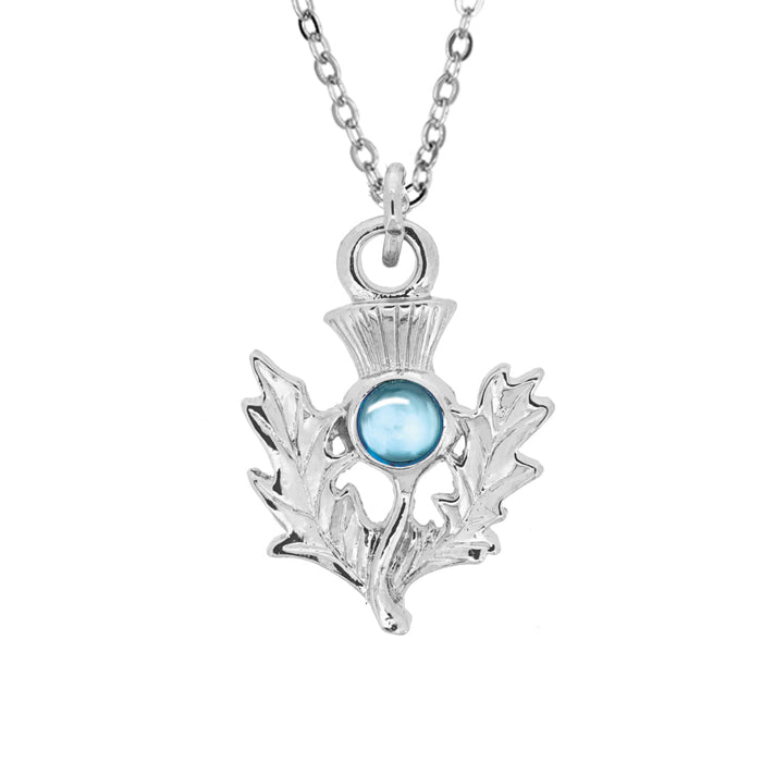 Art Pewter Scottish Thistle Birthstone Pendant - Silver Plated Pewter - Made in Scotland - Heritage Of Scotland - March (Aquamarine)