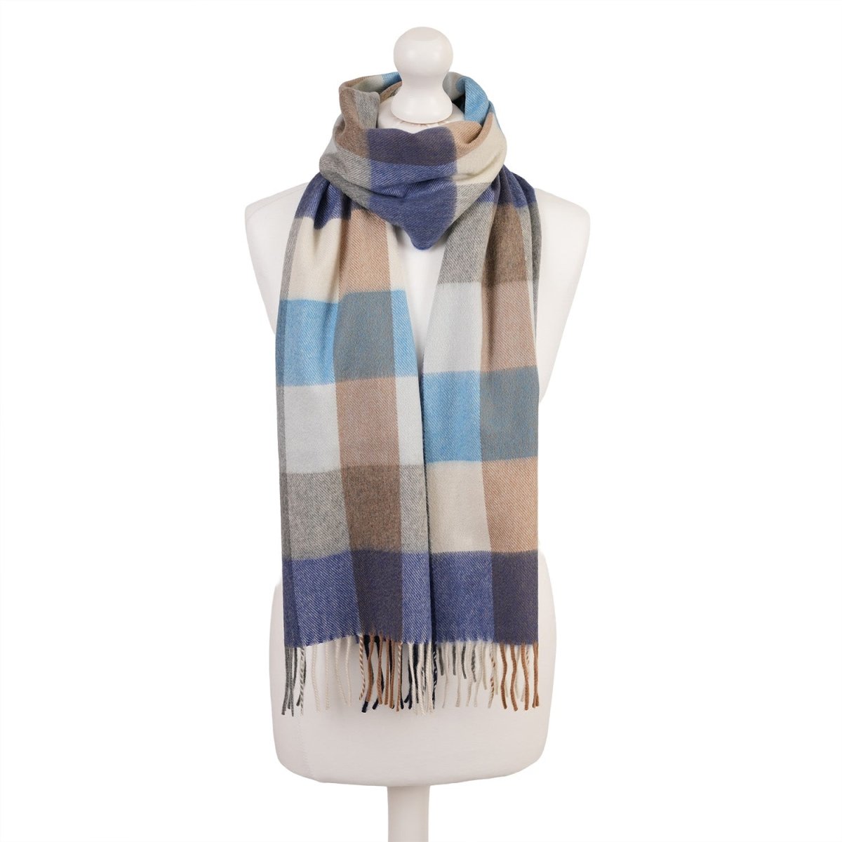 Balmoral 100% Cashmere Woven Scarf Tartan and Checks - Made in Scotland - BLOCK CHECK BLUE - Heritage Of Scotland -