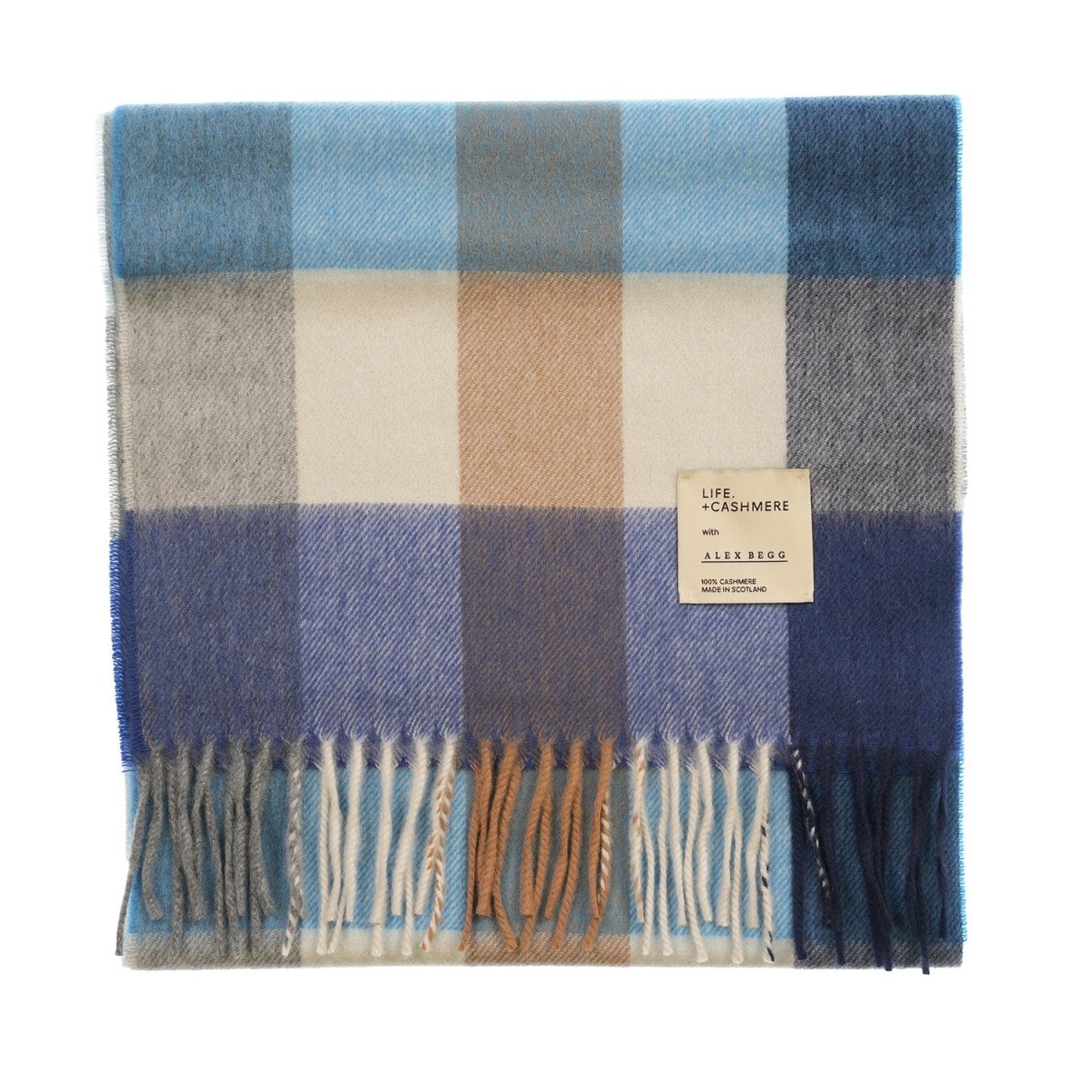 Balmoral 100% Cashmere Woven Scarf Tartan and Checks - Made in Scotland - BLOCK CHECK BLUE - Heritage Of Scotland -