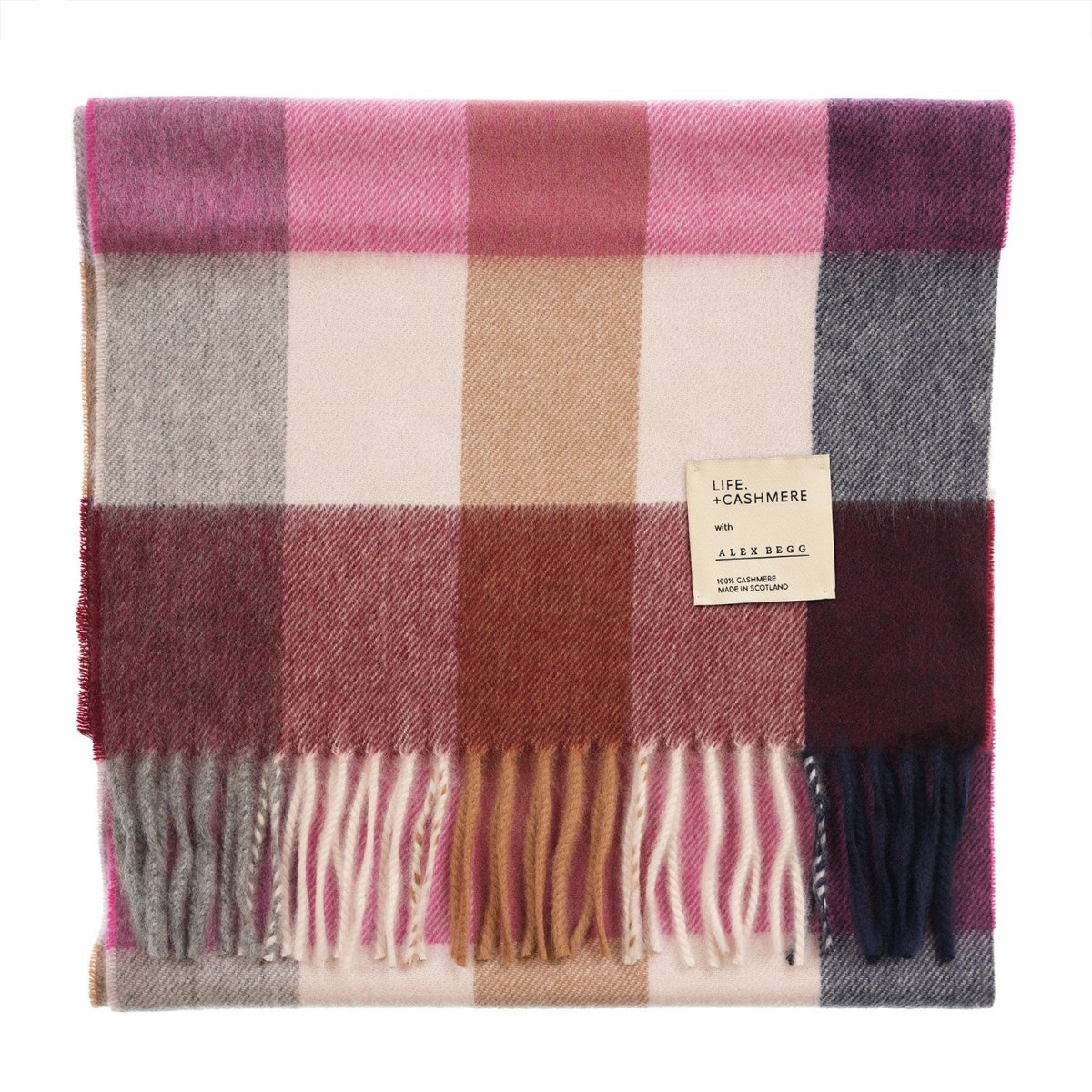 Balmoral 100% Cashmere Woven Scarf Tartan and Checks - Made in Scotland - BLOCK CHECK NEW PINK - Heritage Of Scotland -