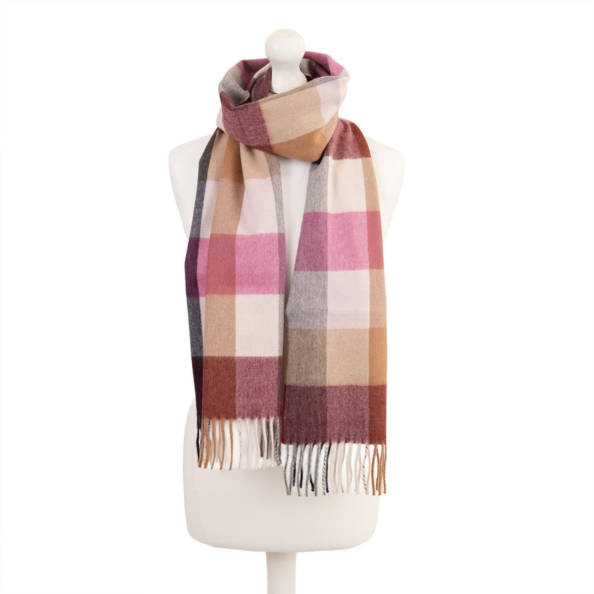Balmoral 100% Cashmere Woven Scarf Tartan and Checks - Made in Scotland - BLOCK CHECK NEW PINK - Heritage Of Scotland -