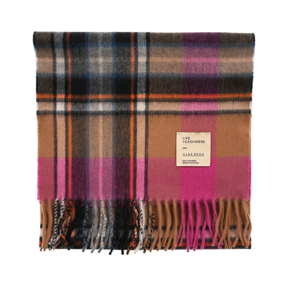 Balmoral 100% Cashmere Woven Scarf Tartan and Checks - Made in Scotland - EXPLODED BRUCE CAMEL - Heritage Of Scotland -